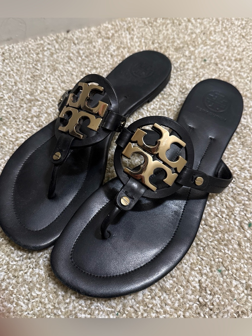 Tory Burch Black Leather Sandal with Gold Logo